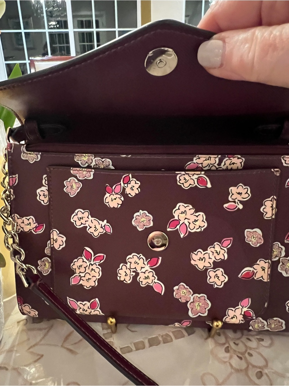 Kate Spade Floral Crossbody Wallet On Chain Burgundy Pink Boutique Luxury - Picture 11 of 12